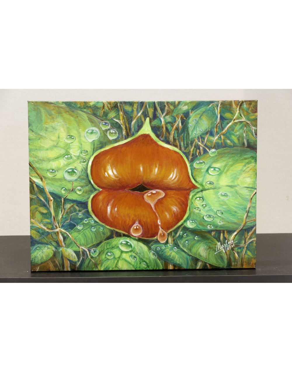 Acrylic realism painting of the hooker lips tropical plant by Asian artist Maslina Md Noor