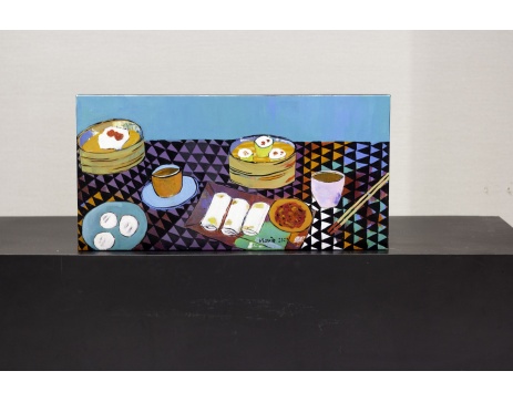 Acrylic naive painting of tea set by Malaysian artist Nanie Othman