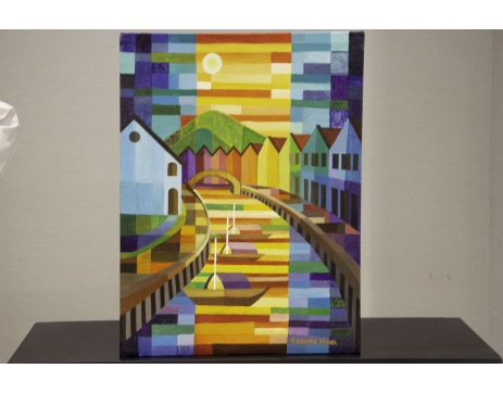 Acrylic cubism painting of building architecture by Malaysia artist Norazman